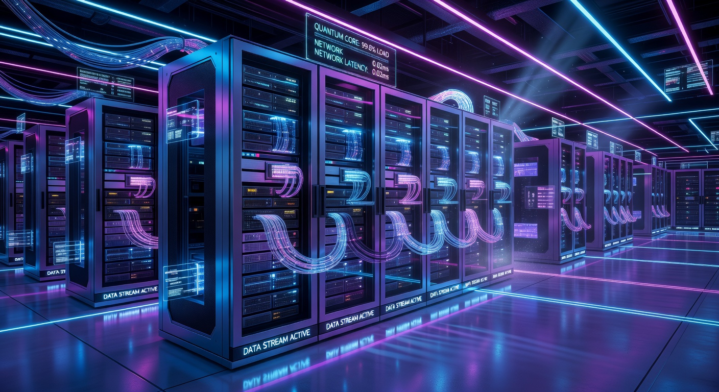 Futuristic server room with neon lights